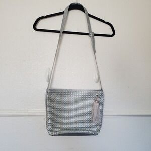 Ganson San Francisco Metallic Silver Woven Crossbody Bag with Tassel Detail